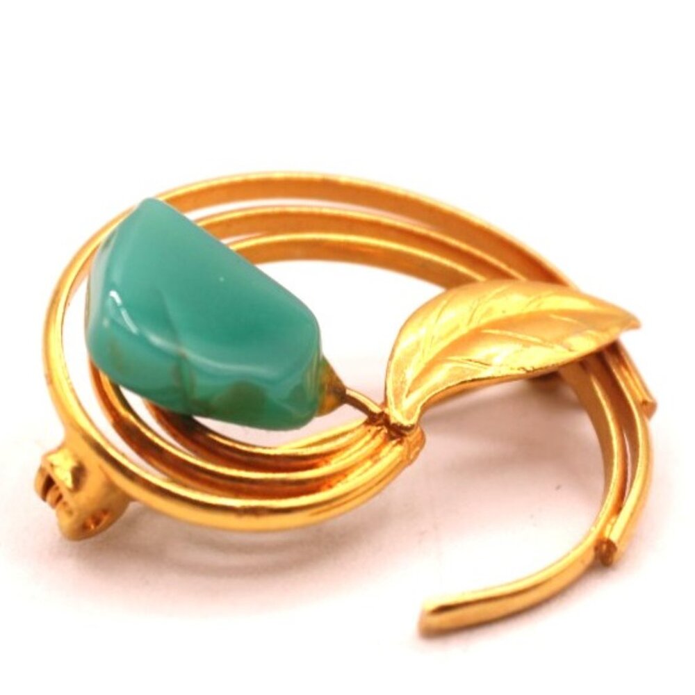 Vintage Leaf Brooch Pin Faux Turquoise Glass Cabochon Unsigned MCM Pc Gold Tone